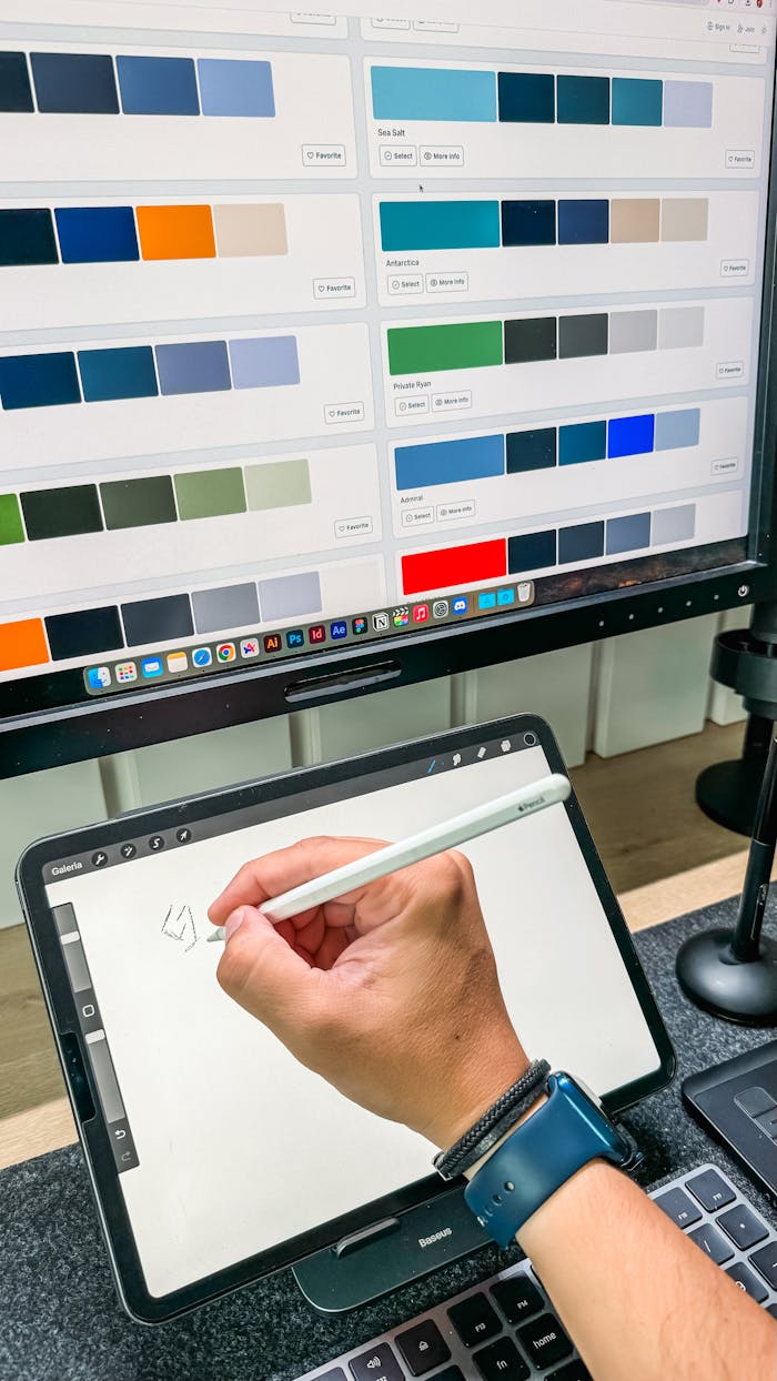 A digital designer uses a stylus to create sketches on a tablet with color palettes displayed on a monitor.